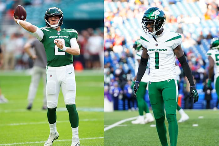 New York Jets quarterback Zach Wilson (left) and cornerback Sauce Gardner (right).